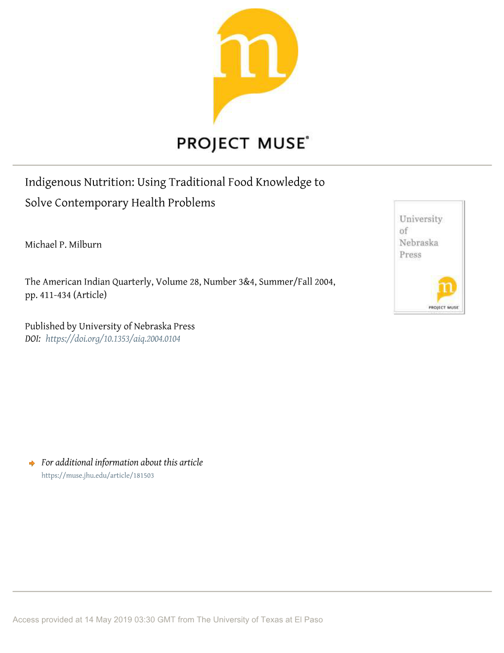 Indigenous Nutrition: Using Traditional Food Knowledge to Solve Contemporary Health Problems