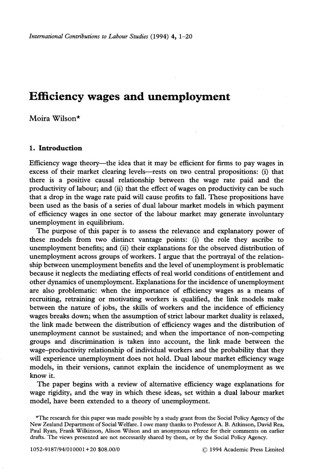 Efficiency Wages and Unemployment