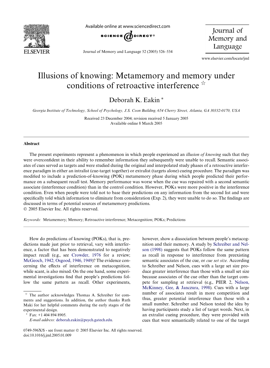 Metamemory and Memory Under Conditions of Retroactive Interference ଝ