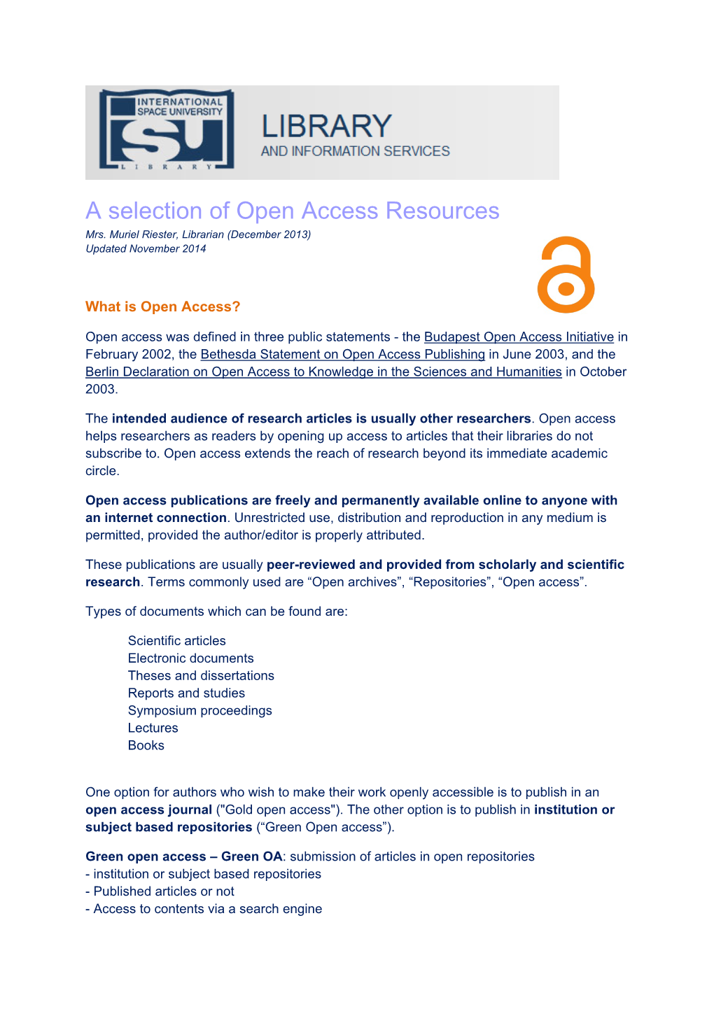 A Selection of Open Access Resources Mrs