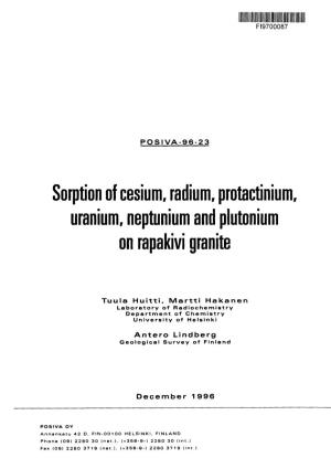 Sorption of Cesium, Radium, Protactinium, Uranium, Neptunium and Plutonium on Rapakivi Granite