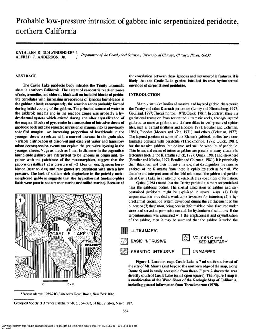 Probable Low-Pressure Intrusion of Gabbro Into Serpentinized Peridotite, Northern California