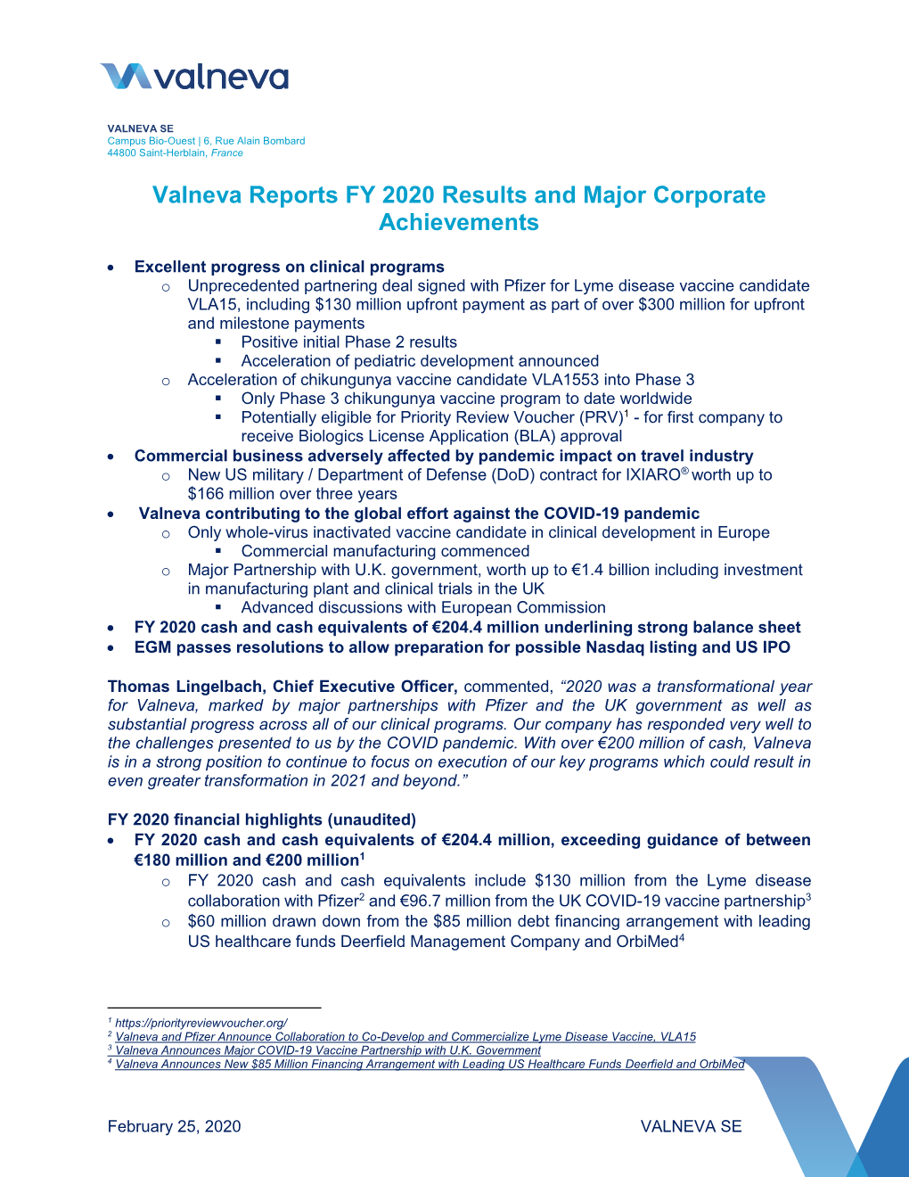 Valneva Reports FY 2020 Results and Major Corporate Achievements