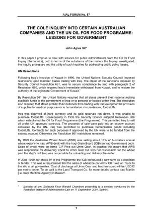 The Cole Inquiry Into Certain Australian Companies and the Un Oil for Food Programme: Lessons for Government
