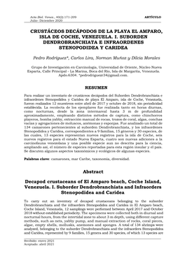 Crustáceos Decápodos De La Playa El Amparo, Isla De Coche, Venezuela. I. Suborden Dendrobranchiata E Infraordenes Stenopodidea Y Caridea
