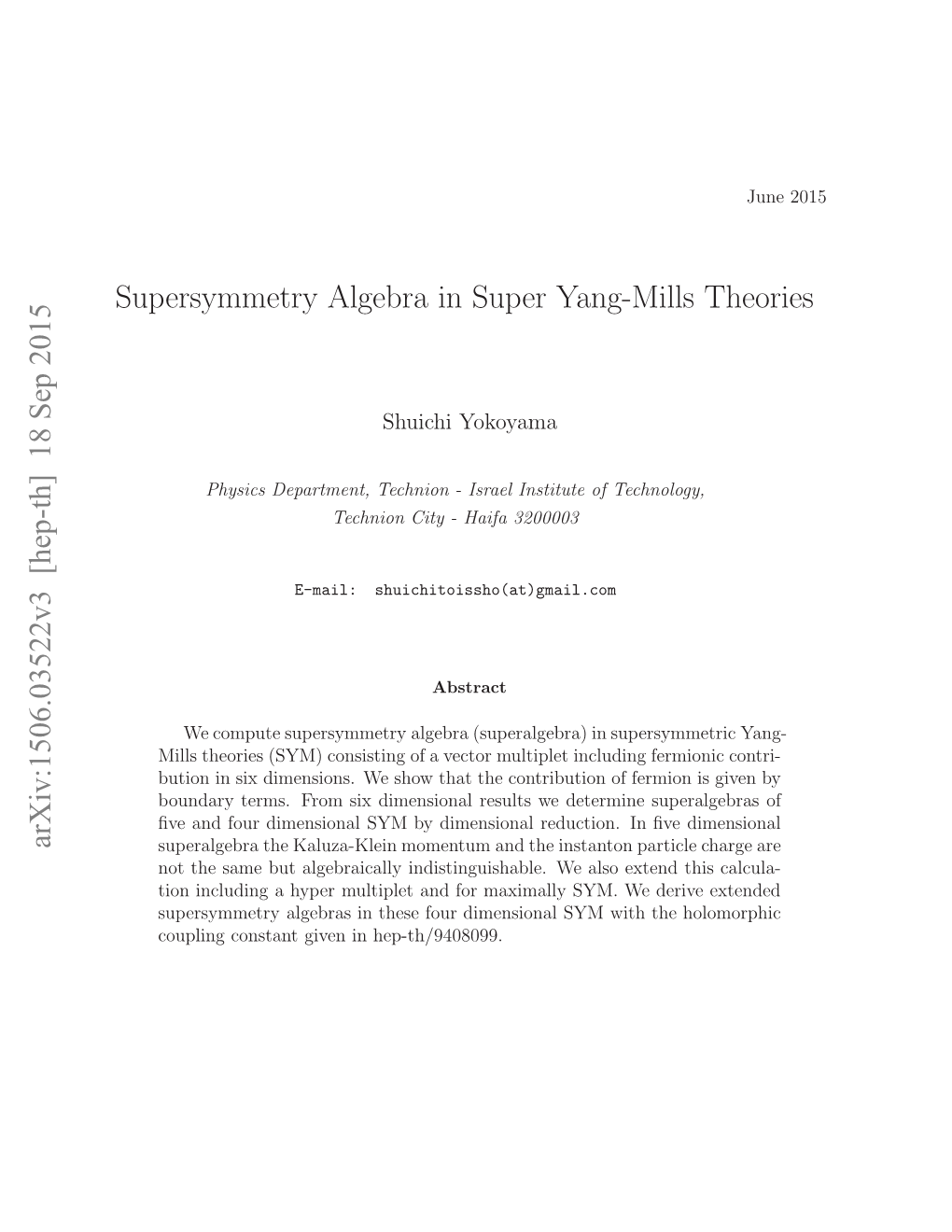 18 Sep 2015 Supersymmetry Algebra in Super Yang-Mills Theories