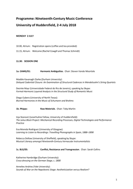 Programme: Nineteenth-Century Music Conference University of Huddersfield, 2-4 July 2018