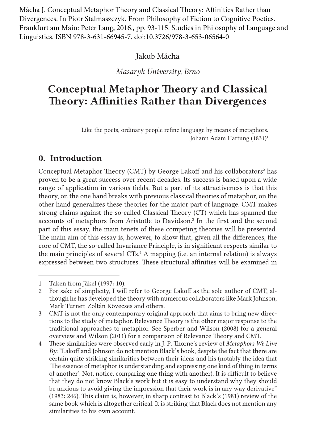 Conceptual Metaphor Theory and Classical Theory: Affinities Rather Than Divergences