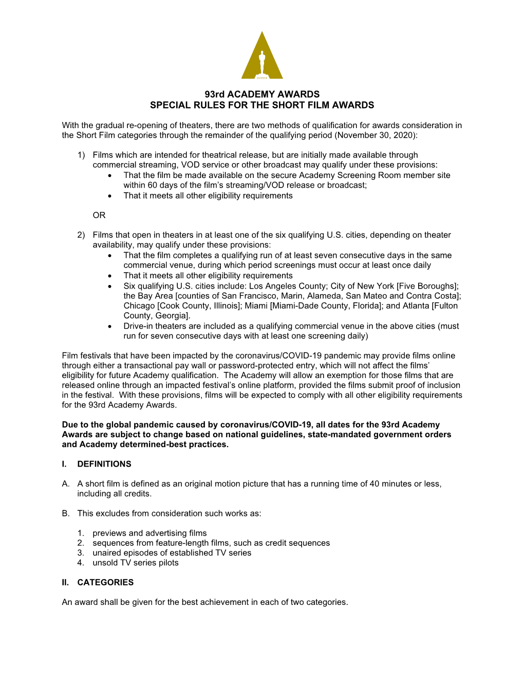 93Rd ACADEMY AWARDS SPECIAL RULES for the SHORT FILM AWARDS