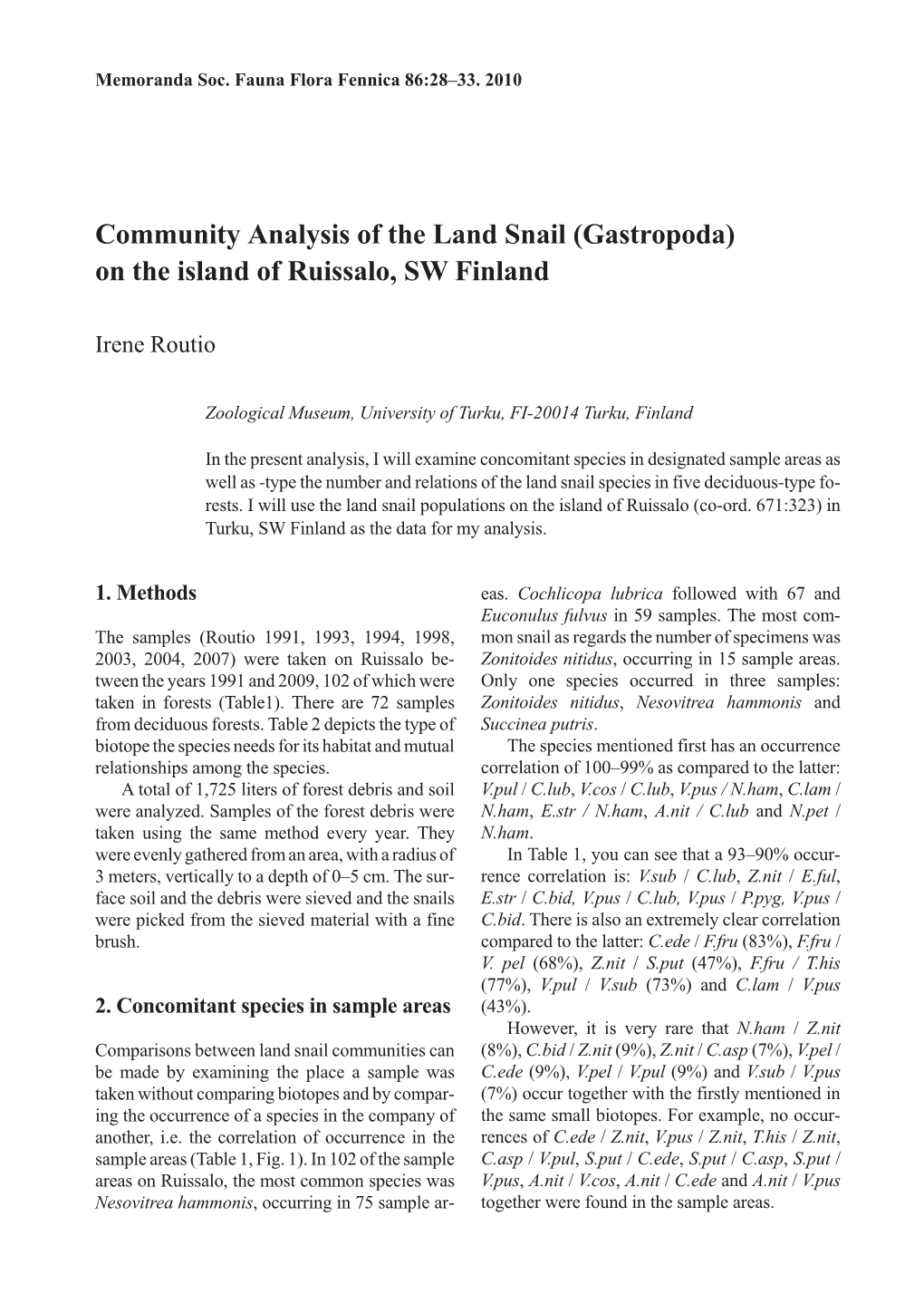 Community Analysis of the Land Snail (Gastropoda) on the Island of Ruissalo, SW Finland