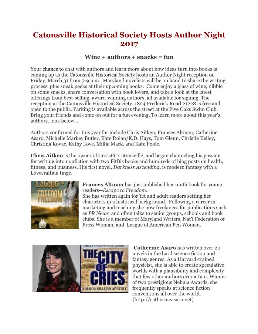 Catonsville Historical Society Hosts Author Night 2017