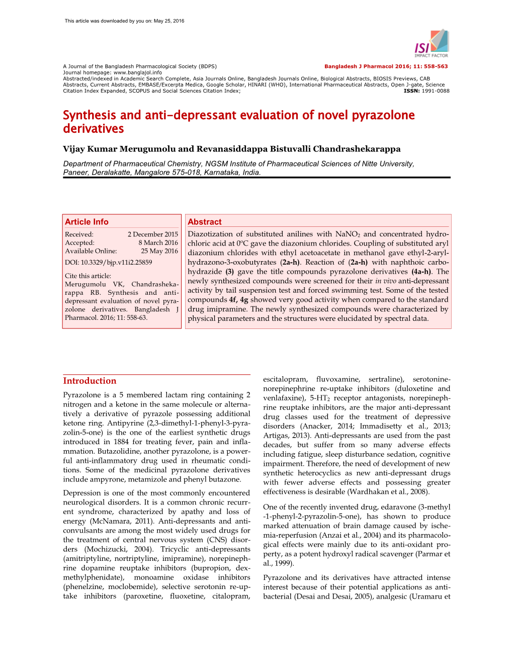 Synthesis and Anti-Depressant Evaluation of Novel Pyrazolone Derivatives