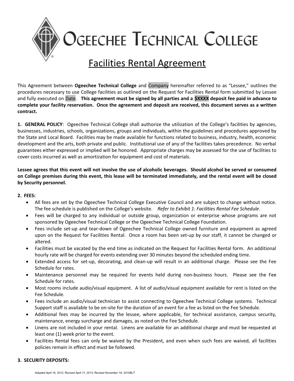 Facilities Rental Agreement