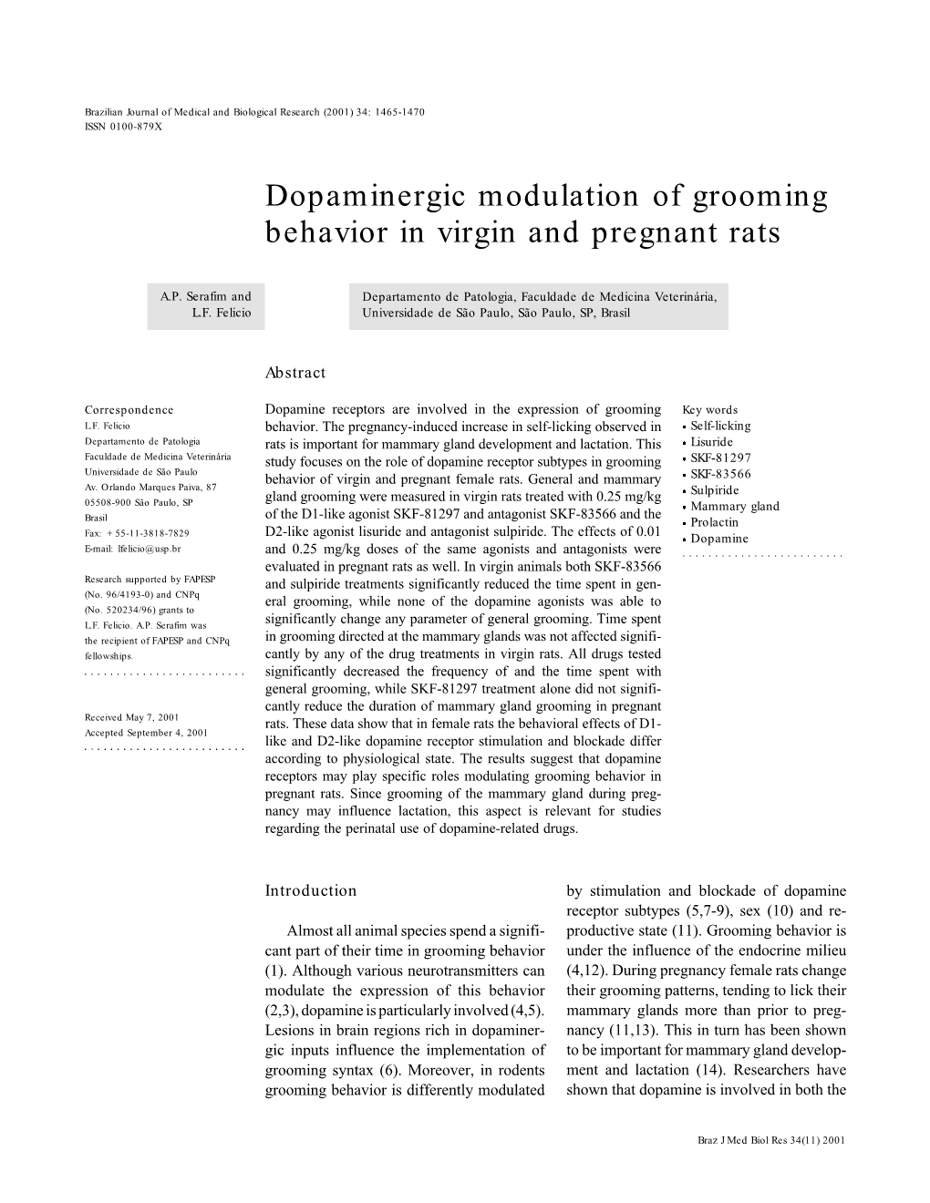 Dopaminergic Modulation of Grooming Behavior in Virgin and Pregnant Rats