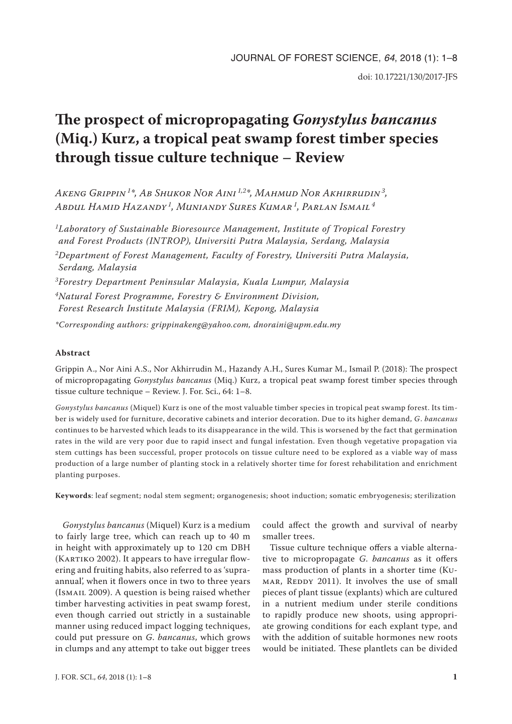 Kurz, a Tropical Peat Swamp Forest Timber Species Through Tissue Culture Technique – Review