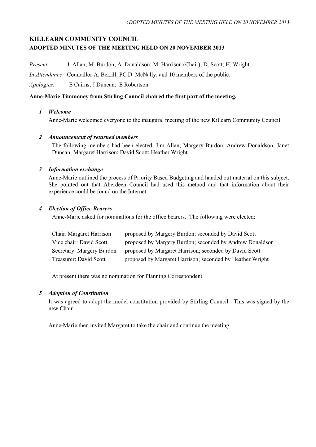 Killearn Community Council Adopted Minutes of the Meeting Held on 20 November 2013