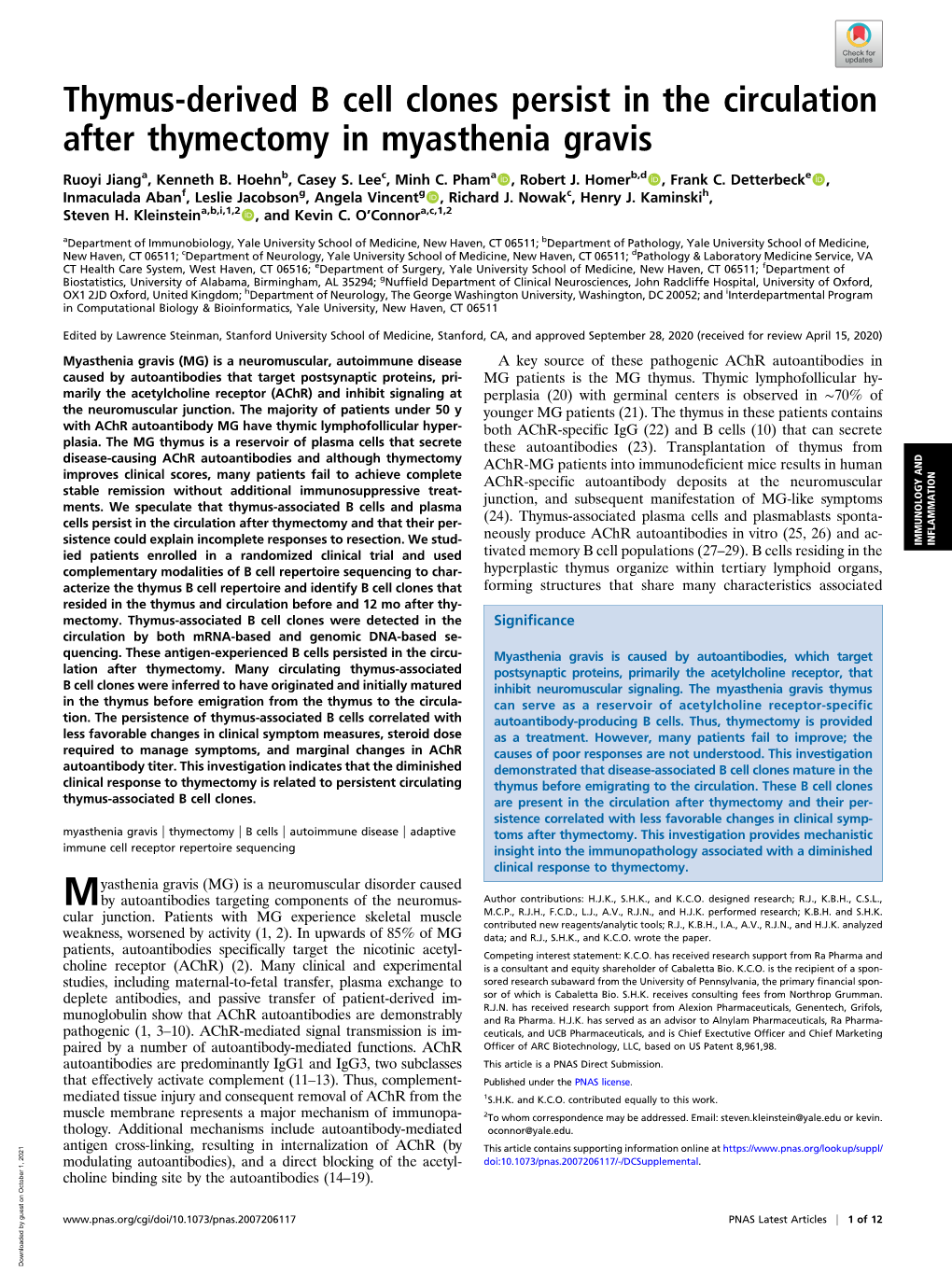 Thymus-Derived B Cell Clones Persist in the Circulation After Thymectomy in Myasthenia Gravis