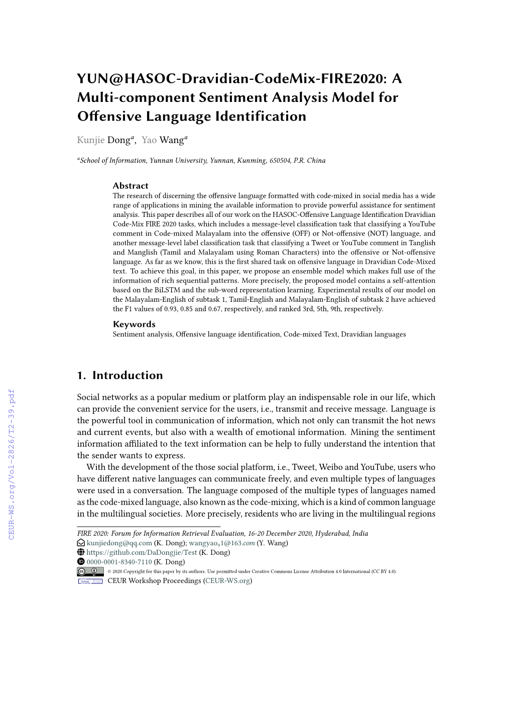 YUN@HASOC-Dravidian-Codemix-FIRE2020: a Multi-Component Sentiment Analysis Model for Offensive Language Identification