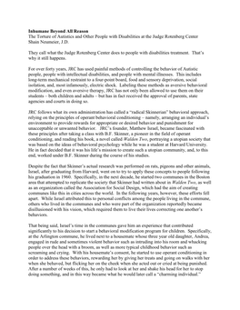 Inhumane Beyond All Reason the Torture of Autistics and Other People with Disabilities at the Judge Rotenberg Center Shain Neumeier, J.D