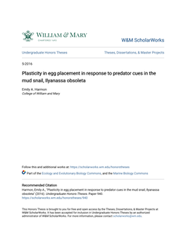 Plasticity in Egg Placement in Response to Predator Cues in the Mud Snail, Ilyanassa Obsoleta