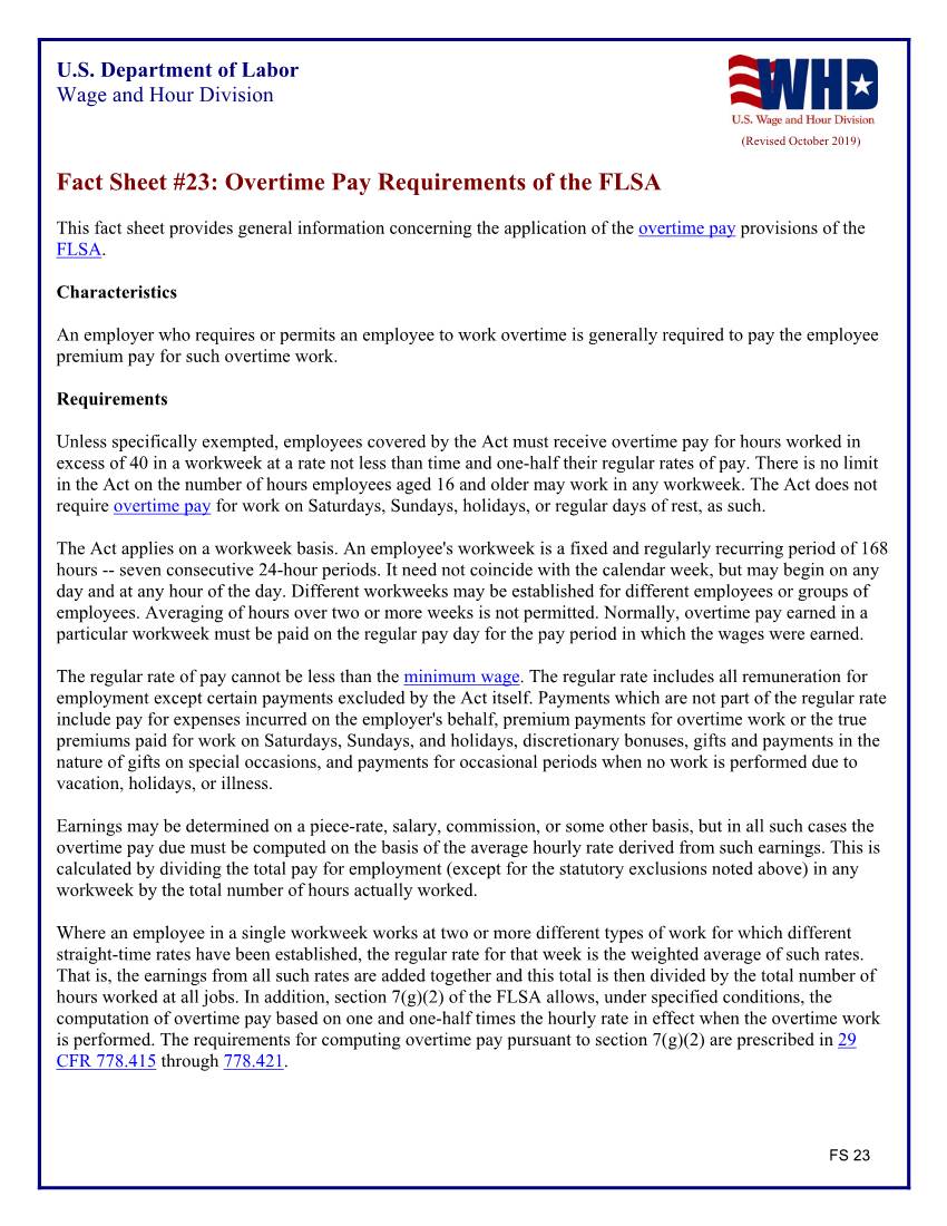 Fact Sheet 23: Overtime Pay Requirements