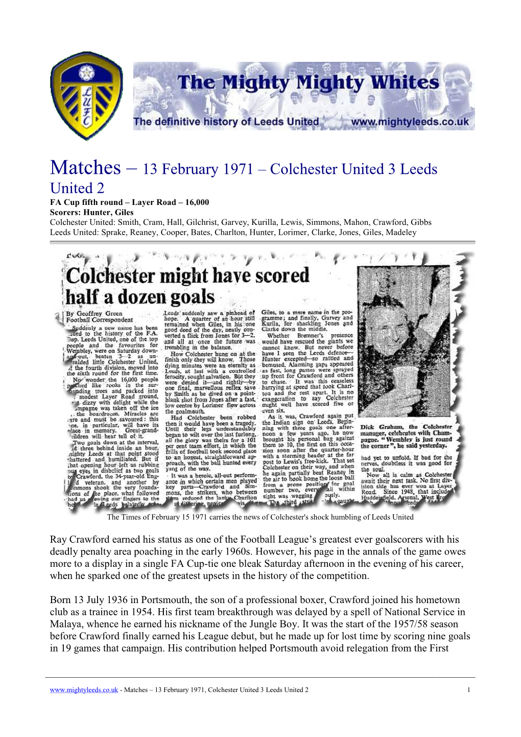 Matches – 13 February 1971 – Colchester United 3 Leeds United 2