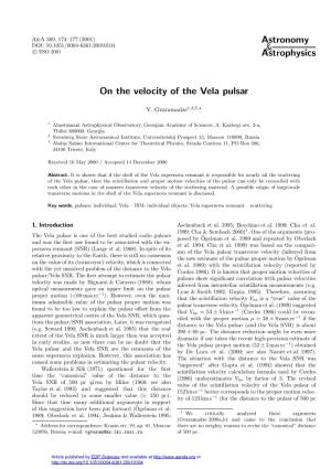 Astrophysics on the Velocity of the Vela Pulsar