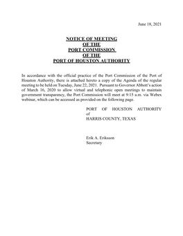 Notice of Meeting of the Port Commission of the Port of Houston Authority