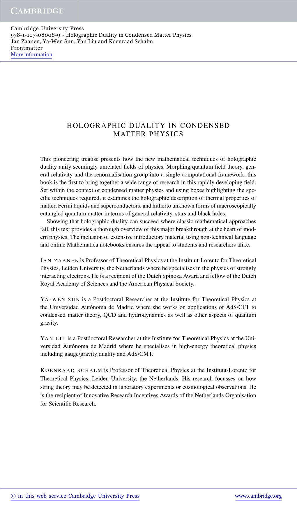Holographic Duality in Condensed Matter Physics Jan Zaanen, Ya-Wen Sun, Yan Liu and Koenraad Schalm Frontmatter More Information