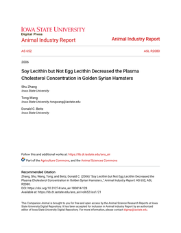Soy Lecithin but Not Egg Lecithin Decreased the Plasma Cholesterol Concentration in Golden Syrian Hamsters