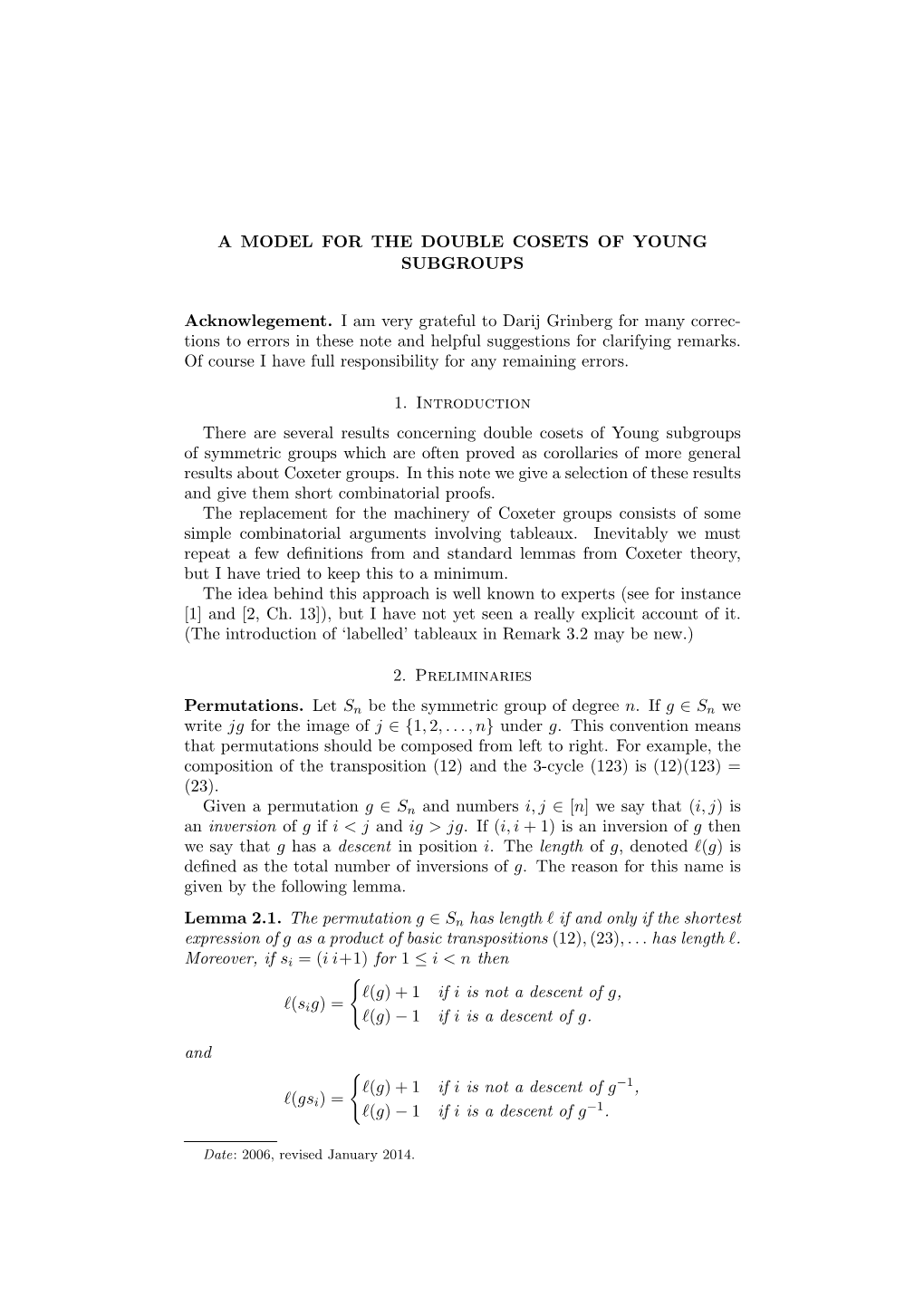 Notes on Double Cosets of Young Subgroups Of