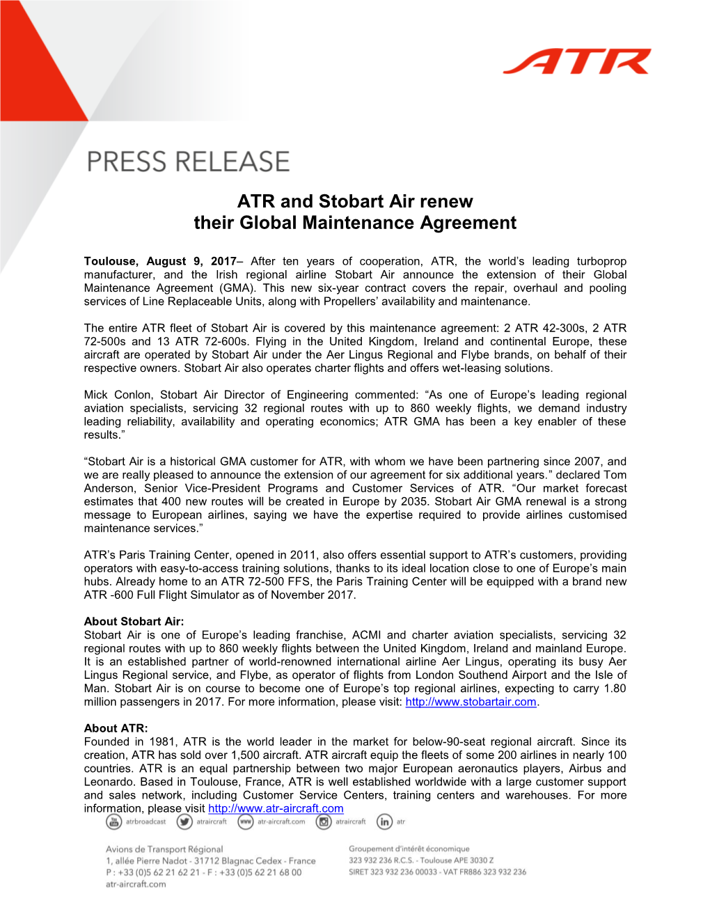 ATR and Stobart Air Renew Their Global Maintenance Agreement