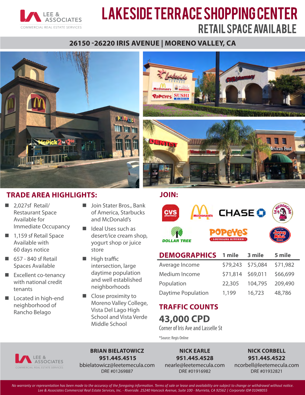 Lakeside Terrace Shopping Center Retail Space Available 26150 -26220 Iris Avenue | Moreno Valley, Ca