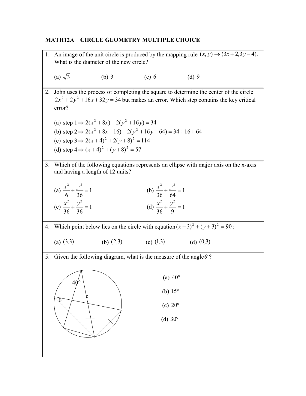 Math12a Circle Geometry Multiple Choice