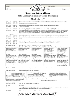 Broadway Artists Alliance 2017 Summer Intensive Session 2 Schedule