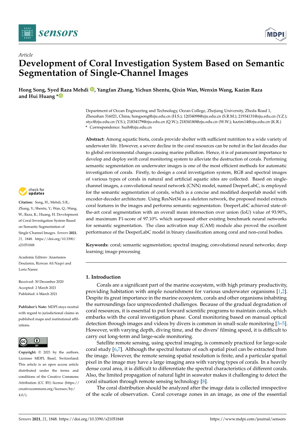 Development of Coral Investigation System Based on Semantic Segmentation of Single-Channel Images