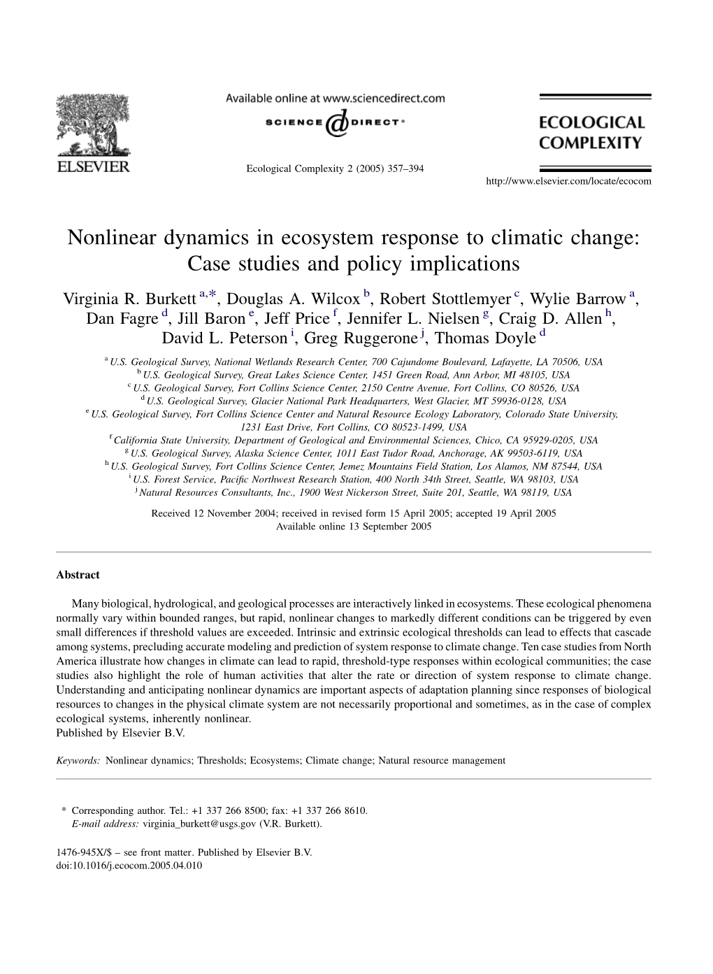 Nonlinear Dynamics in Ecosystem Response to Climatic Change: Case Studies and Policy Implications Virginia R