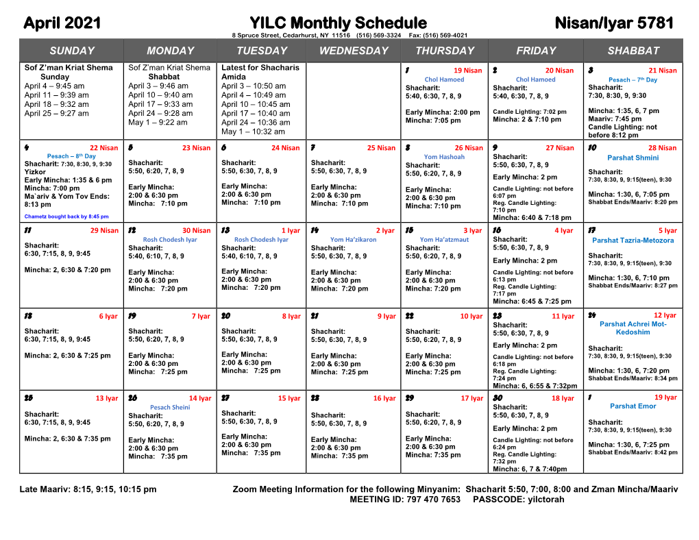 April 2021 YILC Monthly Schedule Nisan/Iyar 5781