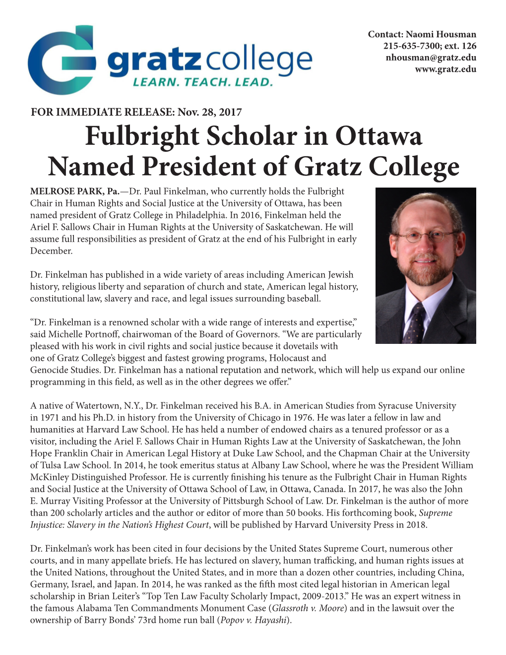 Fulbright Scholar in Ottawa Named President of Gratz College MELROSE PARK, Pa.—Dr