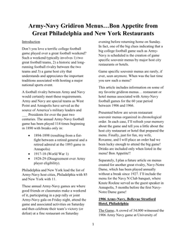 Army-Navy Gridiron Menus…Bon Appetite from Great Philadelphia and New York Restaurants Introduction Evening Before Returning Home on Sunday