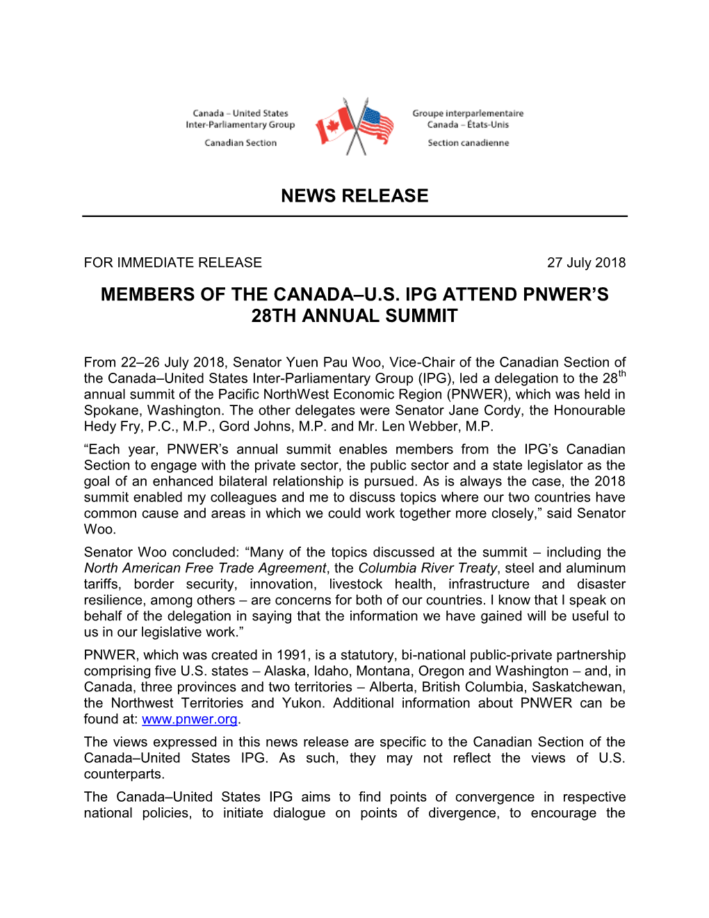 News Release Members of the Canada–U.S. Ipg Attend