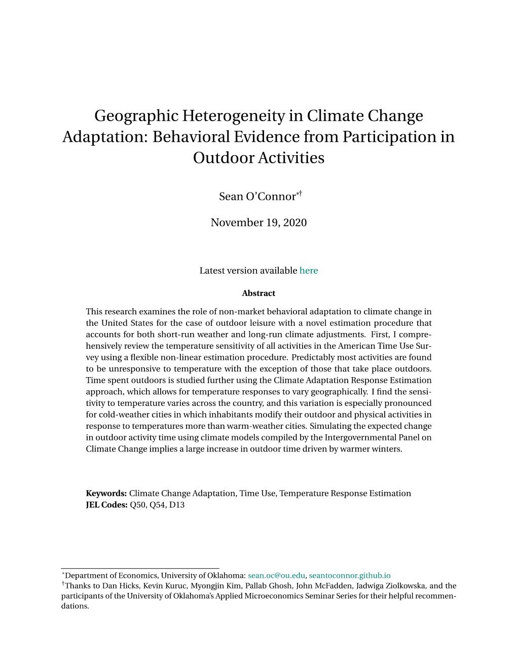Geographic Heterogeneity in Climate Change Adaptation: Behavioral Evidence from Participation in Outdoor Activities