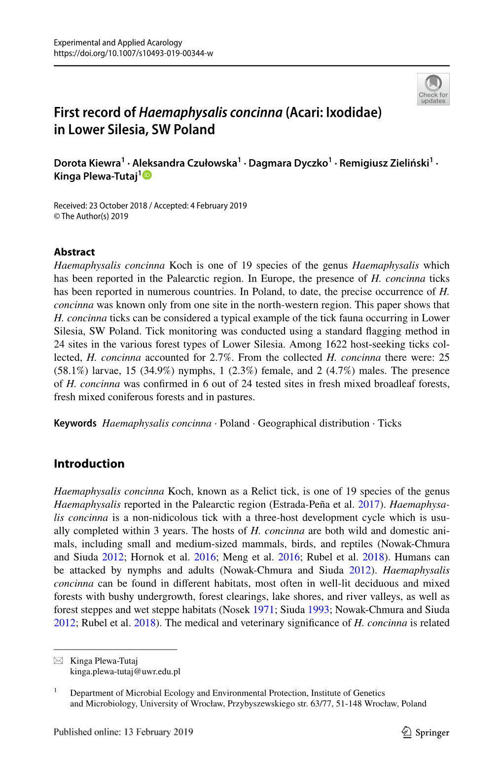 First Record of Haemaphysalis Concinna (Acari: Ixodidae) in Lower Silesia, SW Poland