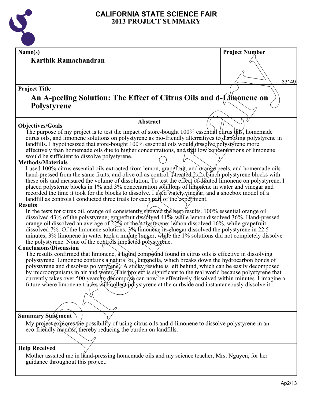 The Effect of Citrus Oils and D-Limonene on Polystyrene