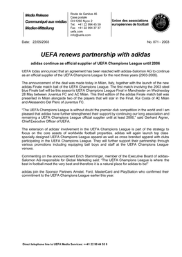 UEFA Renews Partnership with Adidas