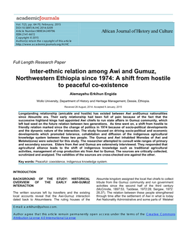 Inter-Ethnic Relation Among Awi and Gumuz, Northwestern Ethiopia Since 1974: a Shift from Hostile to Peaceful Co-Existence