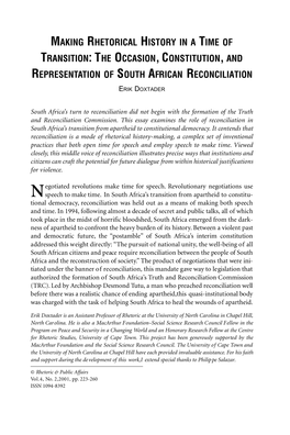 The Occasion, Constitution, and Representation of South African Reconciliation