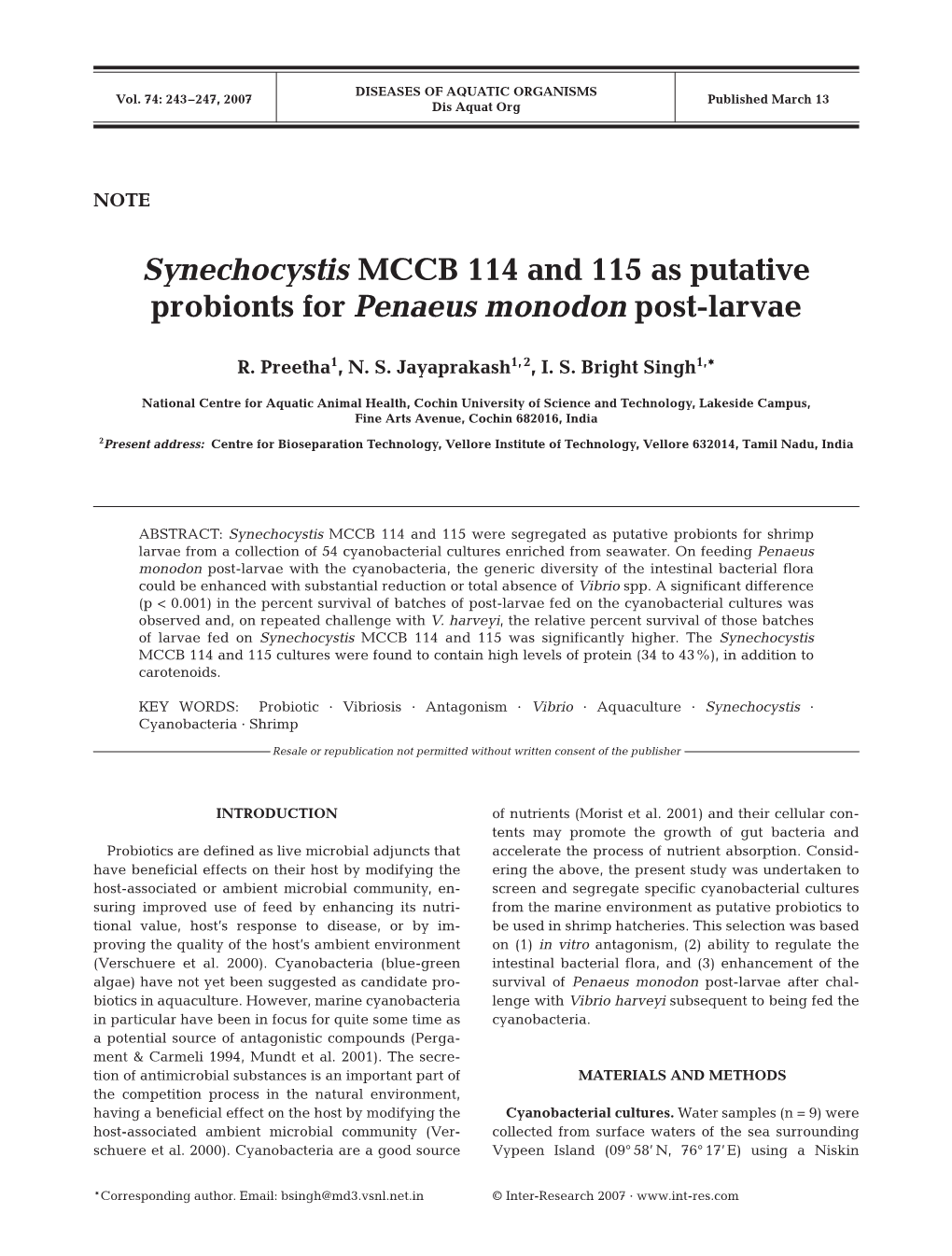 Synechocystis MCCB 114 and 115 As Putative Probionts for Penaeus Monodon Post-Larvae