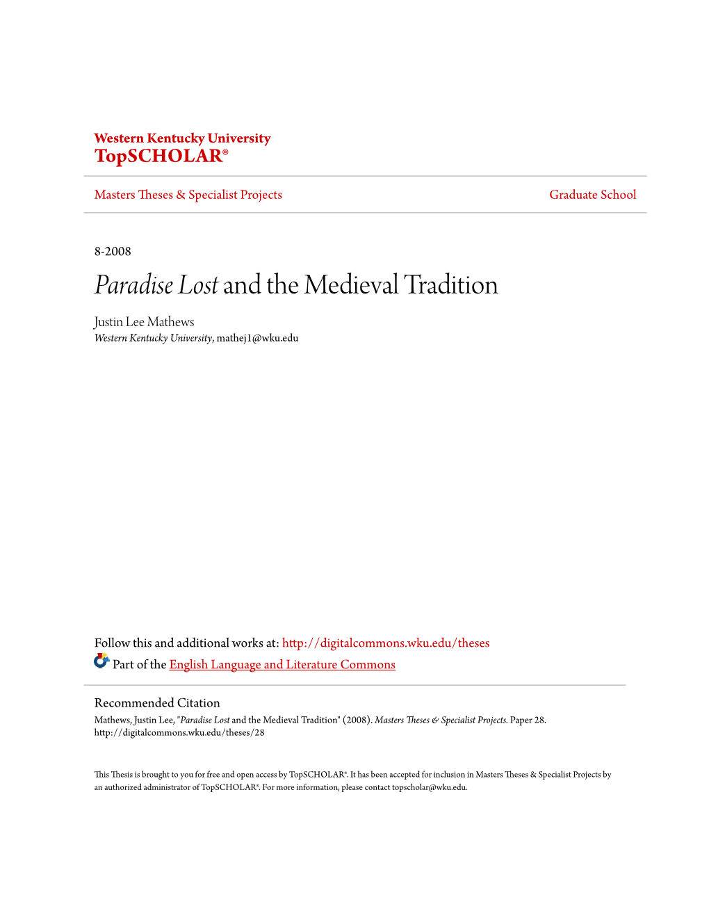 &lt;I&gt;Paradise Lost&lt;/I&gt; and the Medieval Tradition