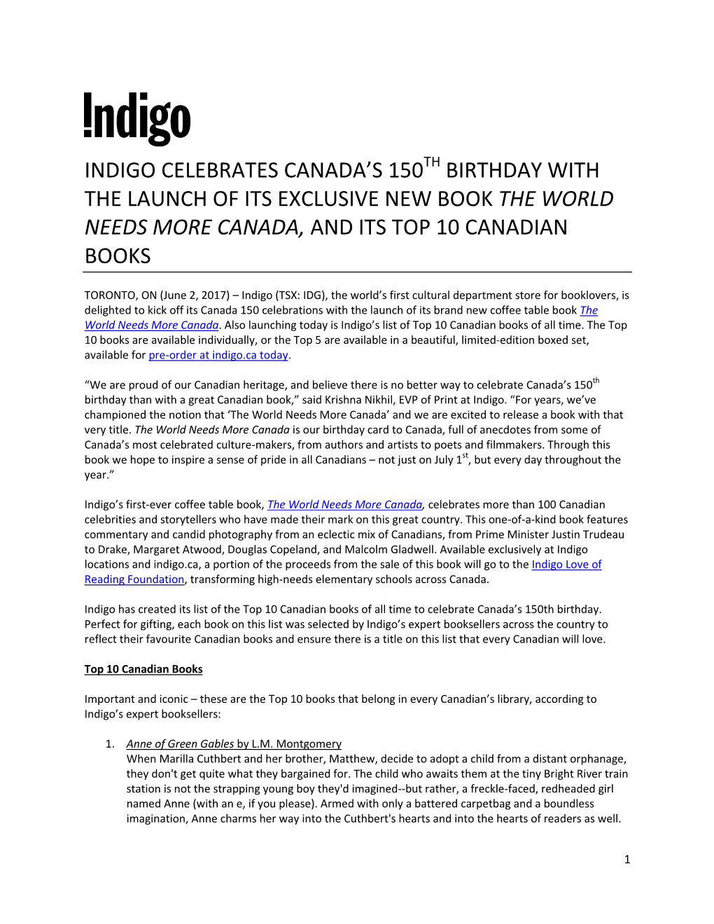 Indigo Celebrates Canada's 150 Birthday with the Launch of Its Exclusive New Book the World Needs More Canada, and Its Top 10